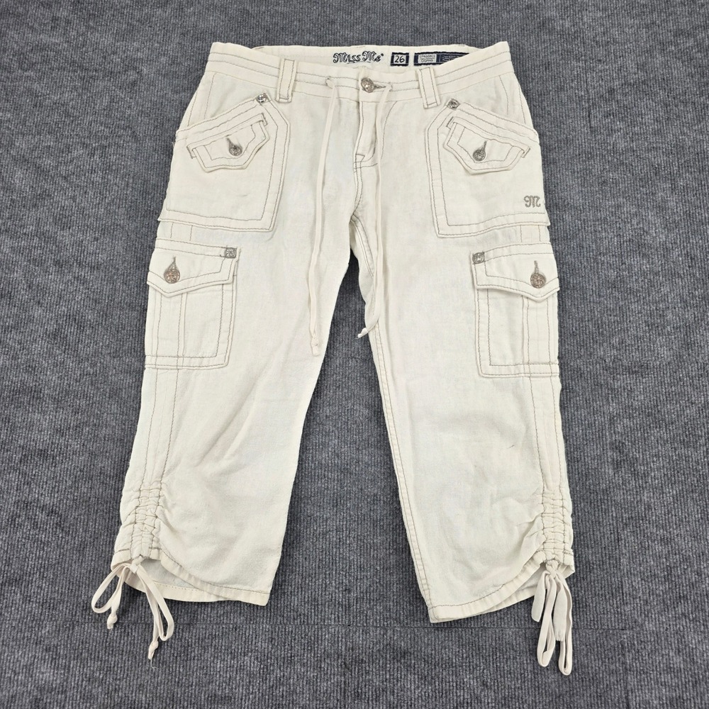 Miss Me Cargo Capri Pants Off White Linen Blend Ruched Leg Y2K Size 26